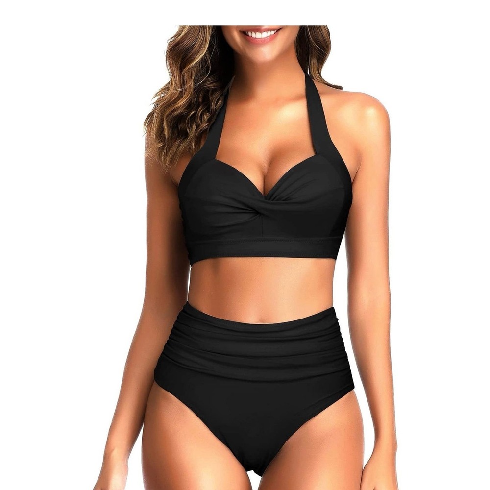 Tempt Me Black High Waisted Bikini Set Retro Halter Twist Front Two‎ Piece Small